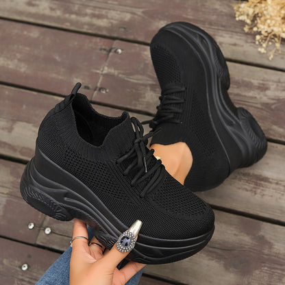 Women'S Fashion Casual Sports Shoes, Wedge Platform Lace-Up Height Increase Breathable Lace-Up Outerwear Sneakers, Rubber Sole, Fabric Upper, All-Season Wear, Casual Style, Positioning Printing, High Top, Plain Toe, Fabric Insole and Inner Material, Fabric Upper Materia