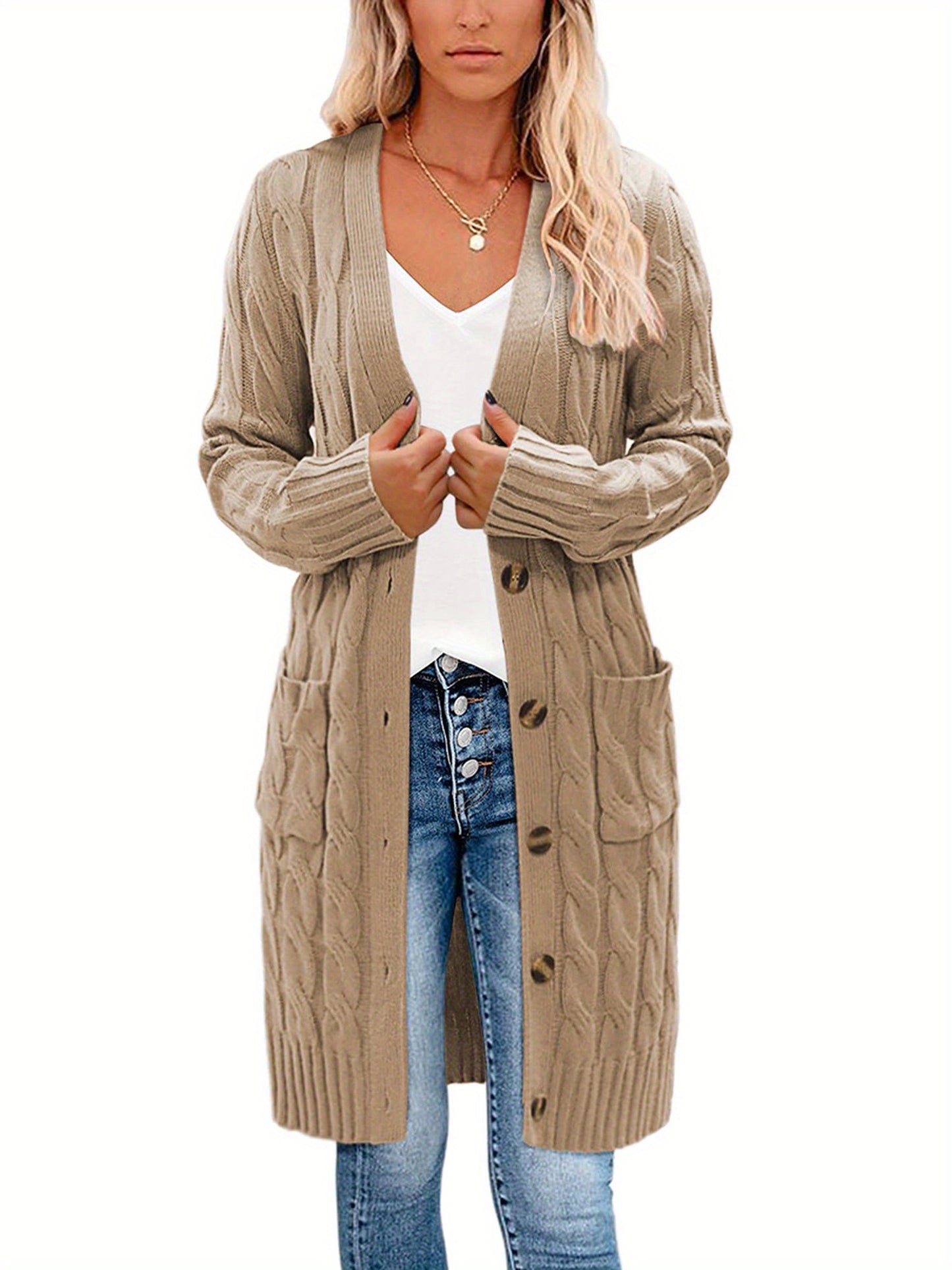 Female Cardigan, Solid Color Long Sleeve Sweater Knitted Coat with Pockets for Spring Fall, S/M/L