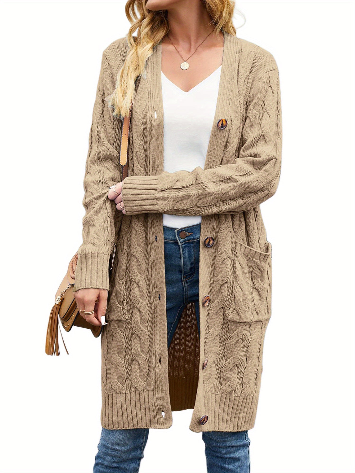 Female Cardigan, Solid Color Long Sleeve Sweater Knitted Coat with Pockets for Spring Fall, S/M/L
