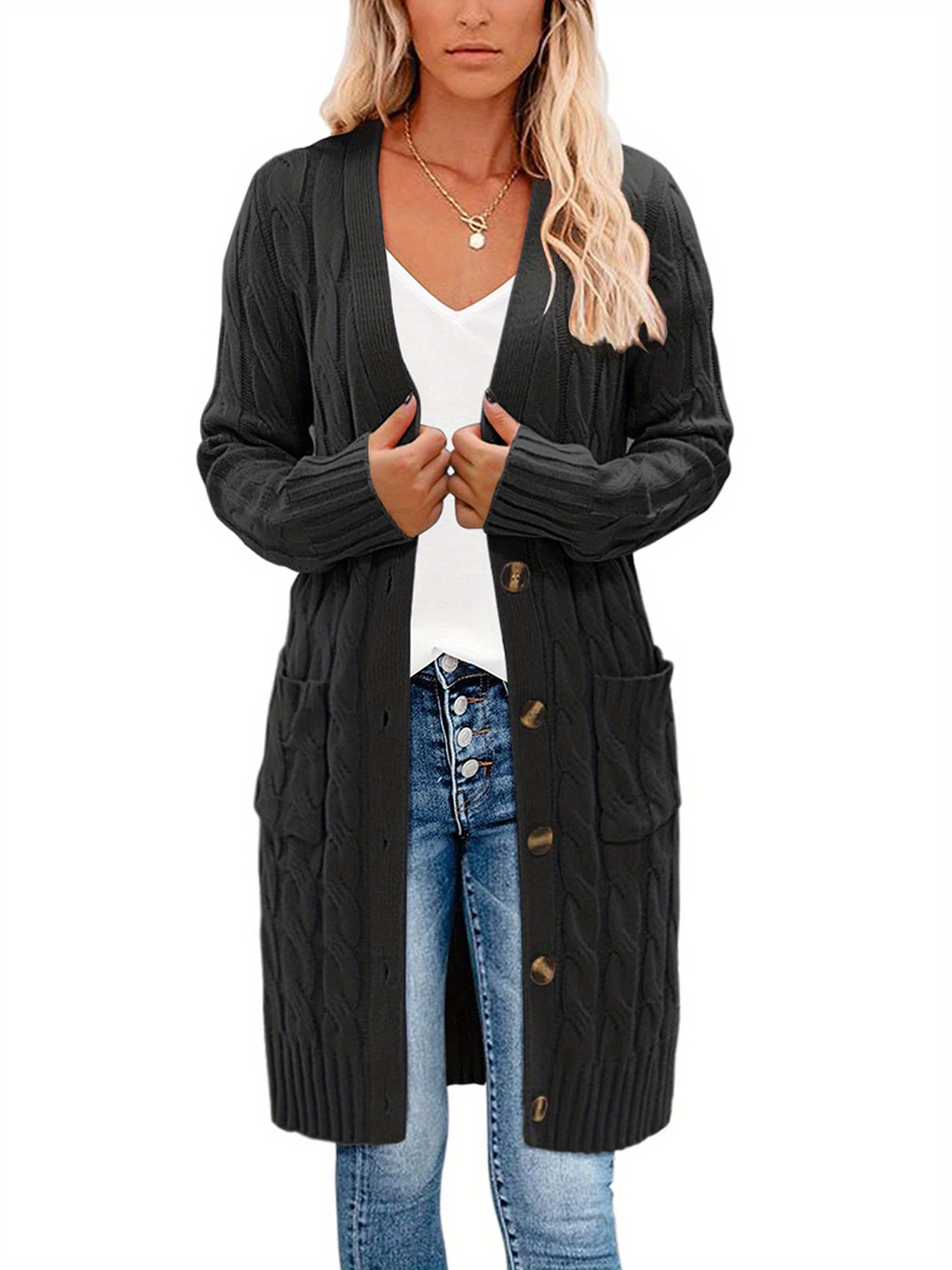 Female Cardigan, Solid Color Long Sleeve Sweater Knitted Coat with Pockets for Spring Fall, S/M/L