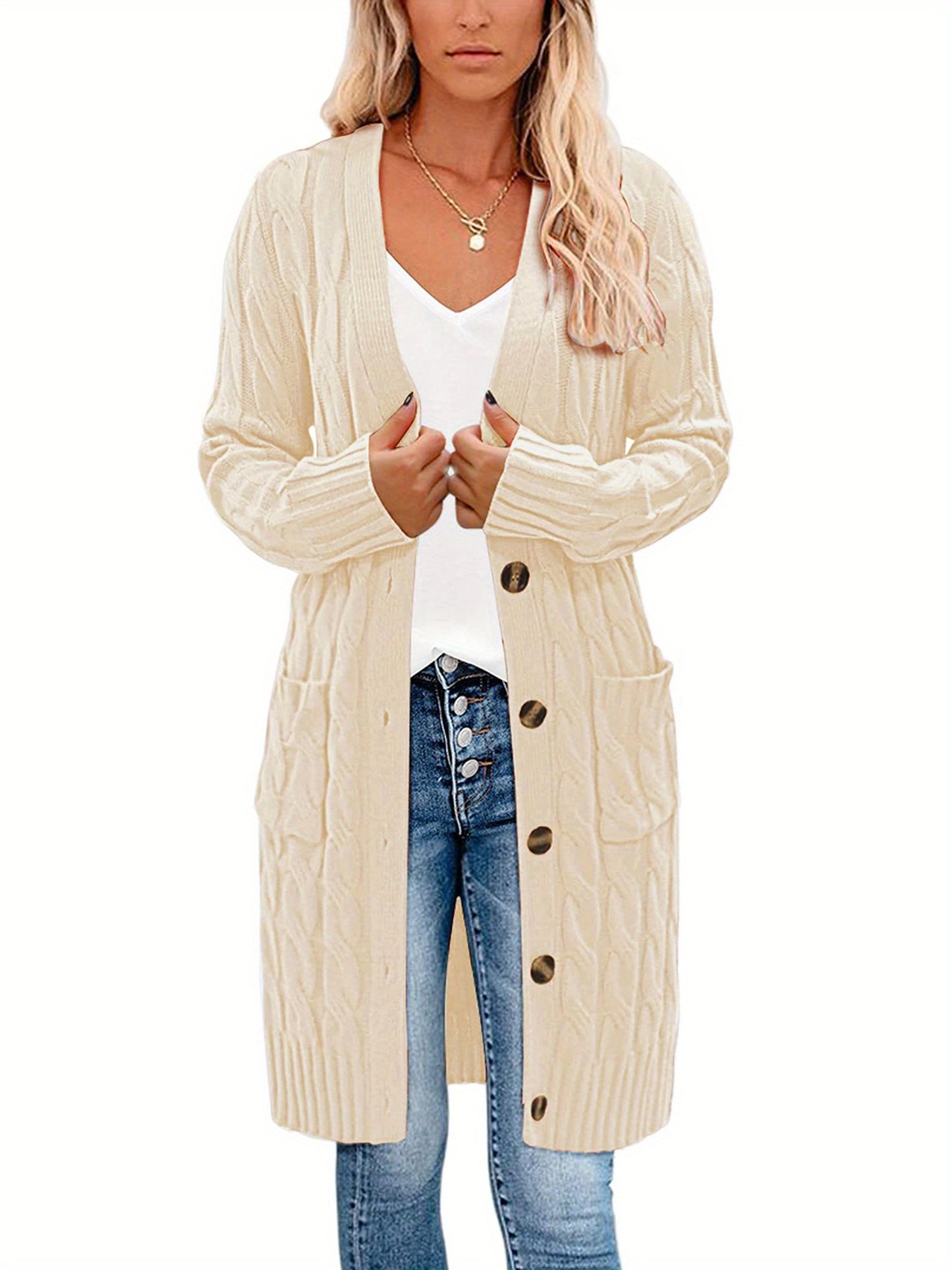 Female Cardigan, Solid Color Long Sleeve Sweater Knitted Coat with Pockets for Spring Fall, S/M/L