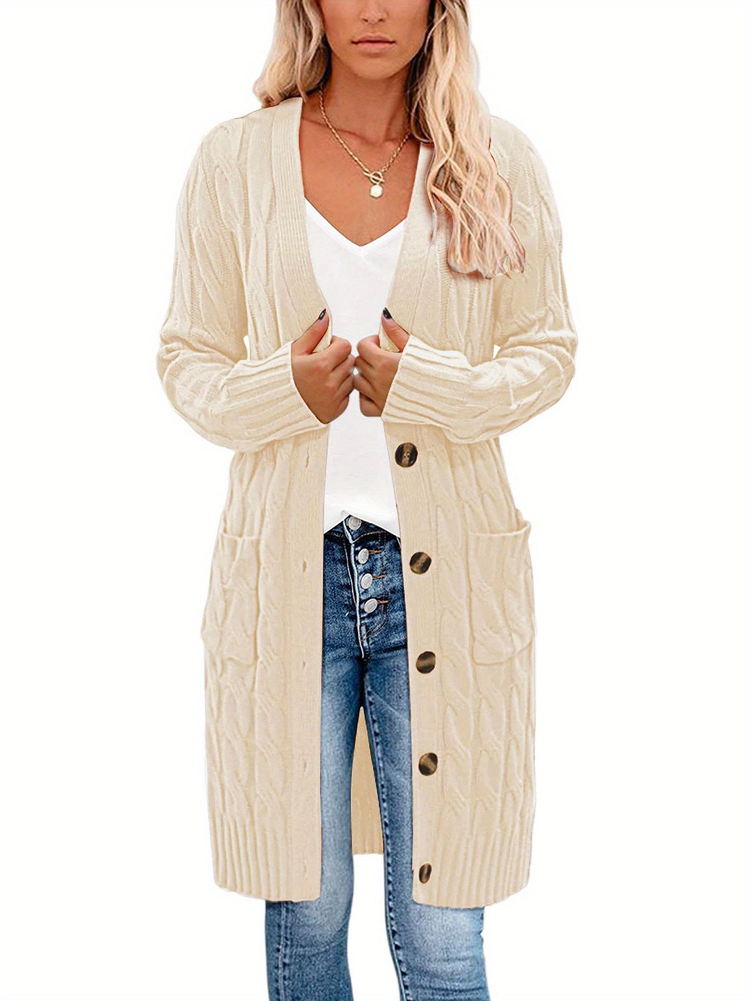 Female Cardigan, Solid Color Long Sleeve Sweater Knitted Coat with Pockets for Spring Fall, S/M/L