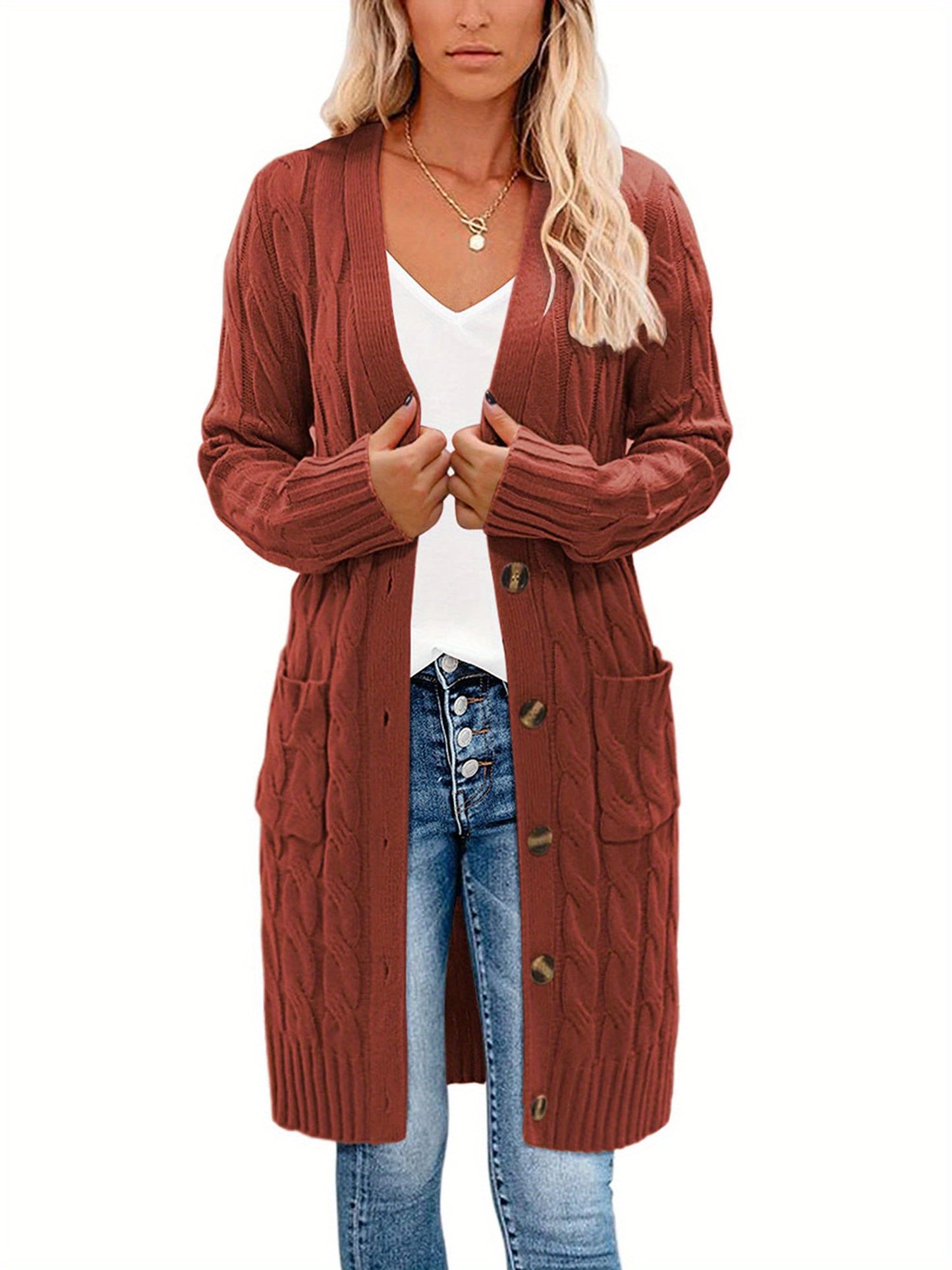 Female Cardigan, Solid Color Long Sleeve Sweater Knitted Coat with Pockets for Spring Fall, S/M/L