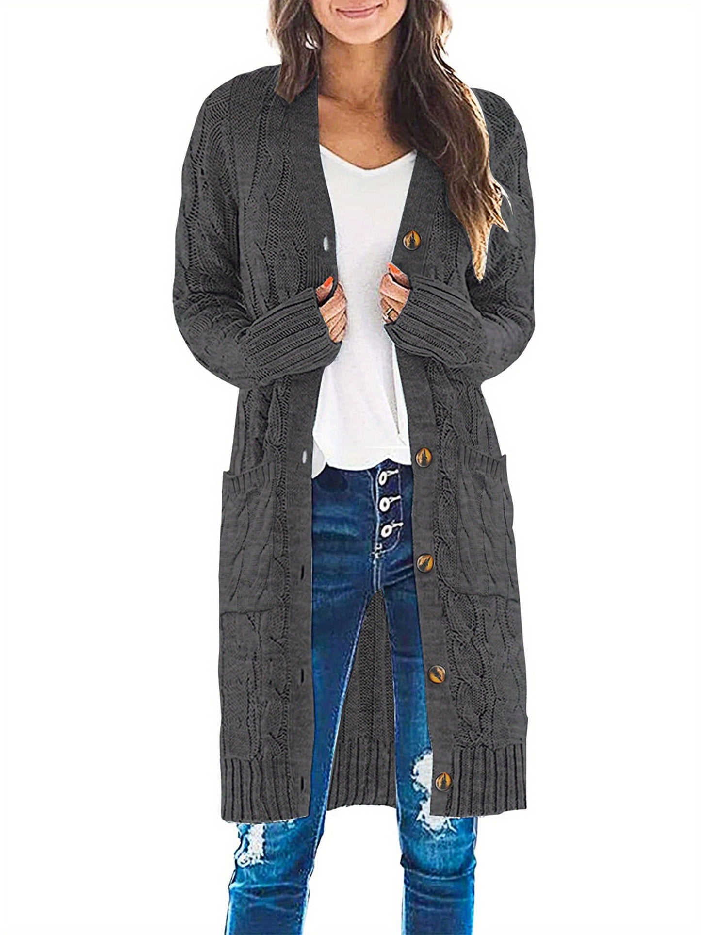 Female Cardigan, Solid Color Long Sleeve Sweater Knitted Coat with Pockets for Spring Fall, S/M/L