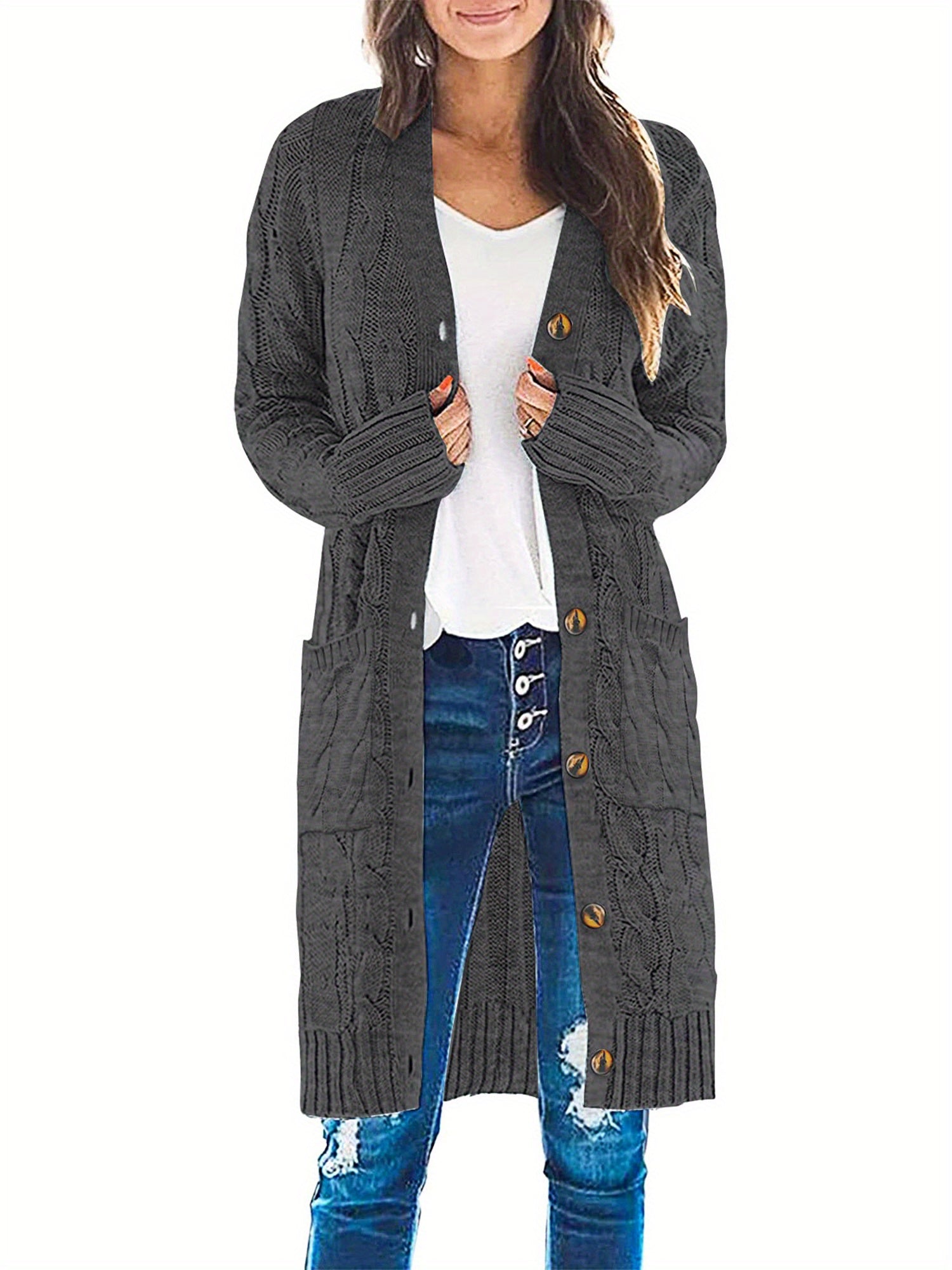 Female Cardigan, Solid Color Long Sleeve Sweater Knitted Coat with Pockets for Spring Fall, S/M/L