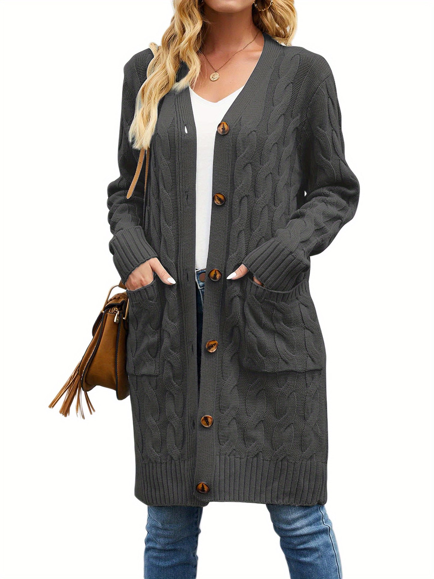 Female Cardigan, Solid Color Long Sleeve Sweater Knitted Coat with Pockets for Spring Fall, S/M/L