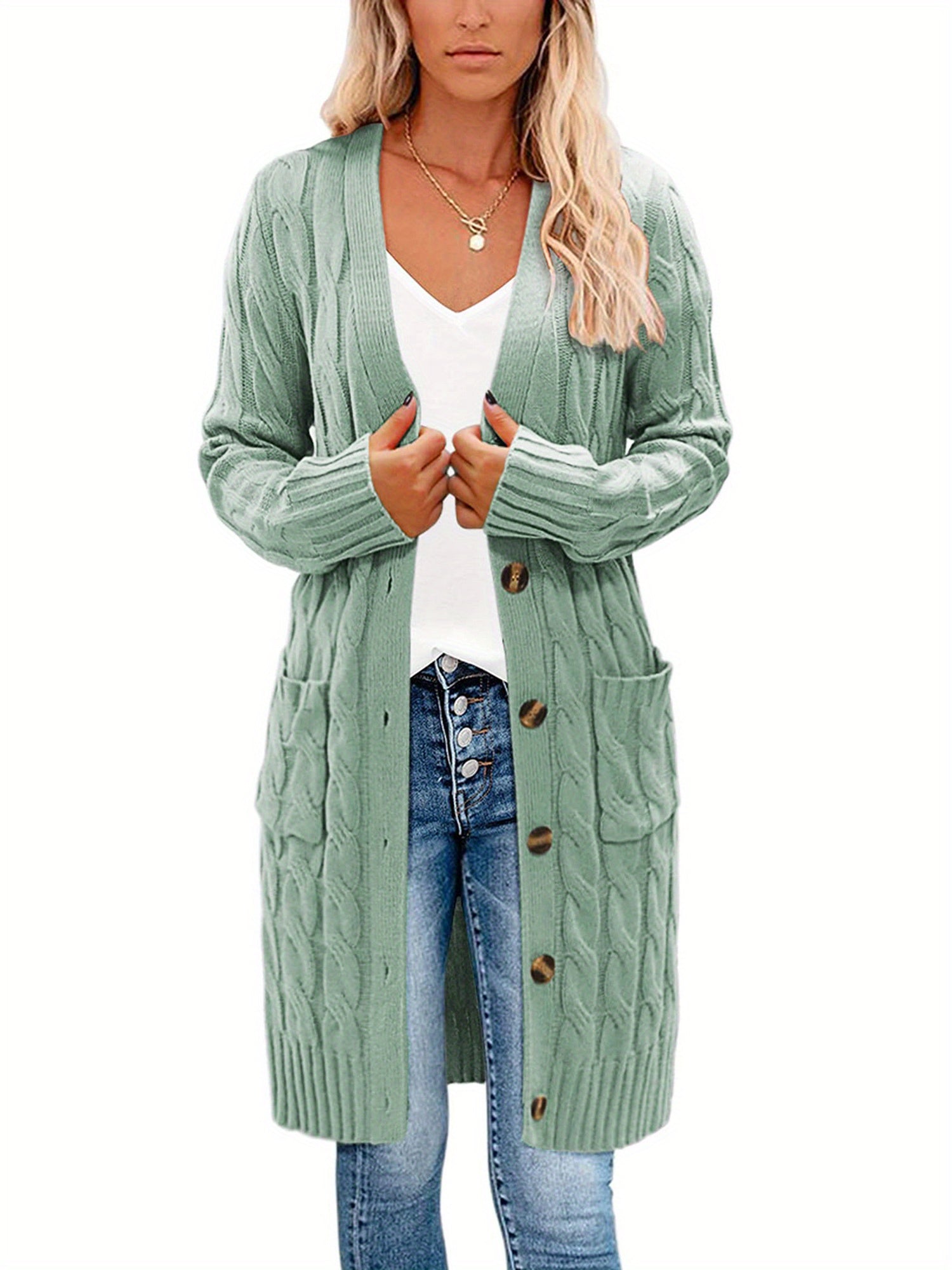 Female Cardigan, Solid Color Long Sleeve Sweater Knitted Coat with Pockets for Spring Fall, S/M/L