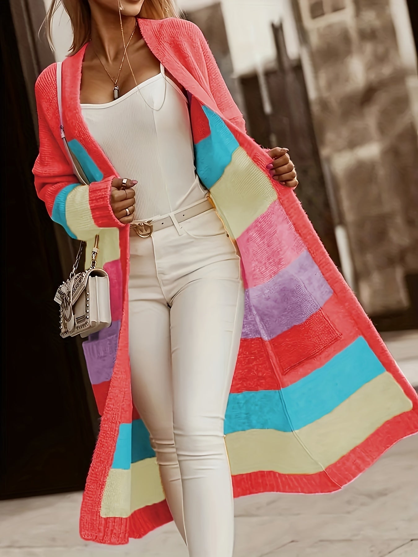 Women'S Color Block V-Neck Long Sleeve Cardigan - Casual Open Front Sweater with Pockets, Lightweight Spring/Fall Layering Piece for Casual Attire, Sweater Cardigan