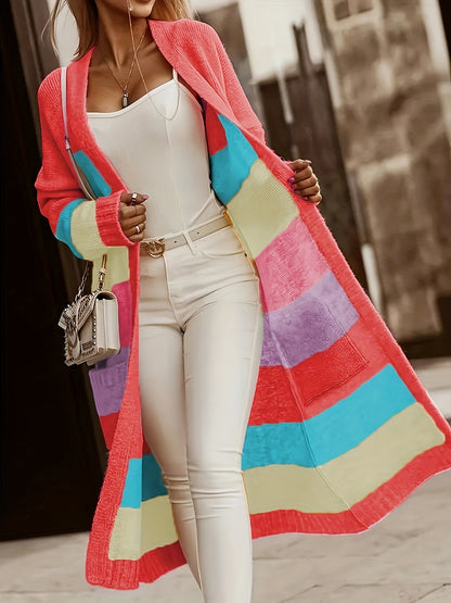 Women'S Color Block V-Neck Long Sleeve Cardigan - Casual Open Front Sweater with Pockets, Lightweight Spring/Fall Layering Piece for Casual Attire, Sweater Cardigan