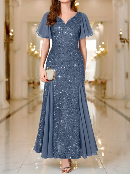 Women'S Elegant Sequin Lace Sweetheart Neckline Maxi Dress with Ruffle Sleeves - Floor-Length Formal Party Wedding Guest Dress, Sparkling Sequin Embellished Evening Gown