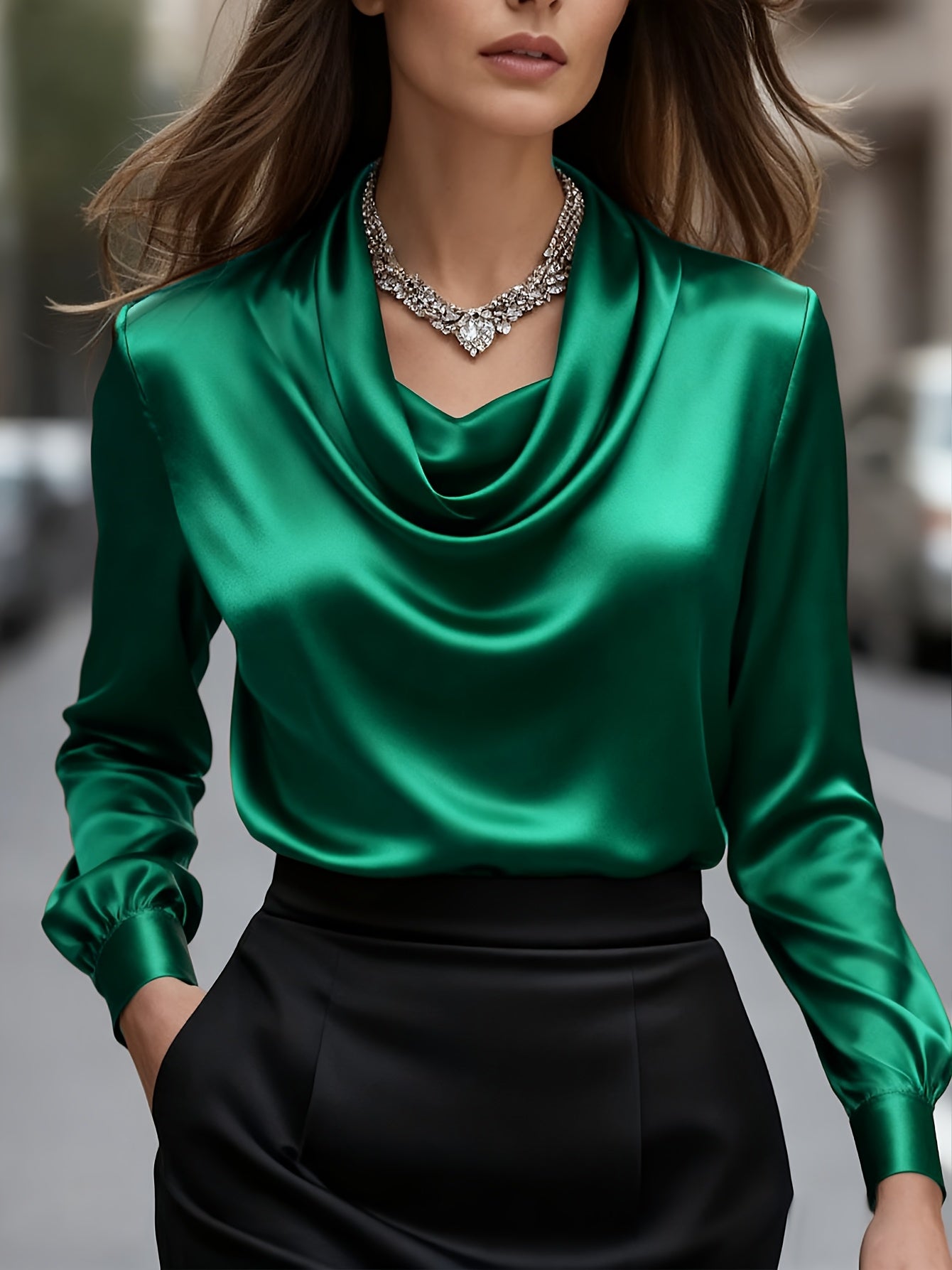 Women'S Elegant Solid Color Long Sleeve Blouse - Soft Wrinkle-Resistant Fabric, Button-Front Closure, Round Neck & Collar, All-Season Versatile Shirt for Office