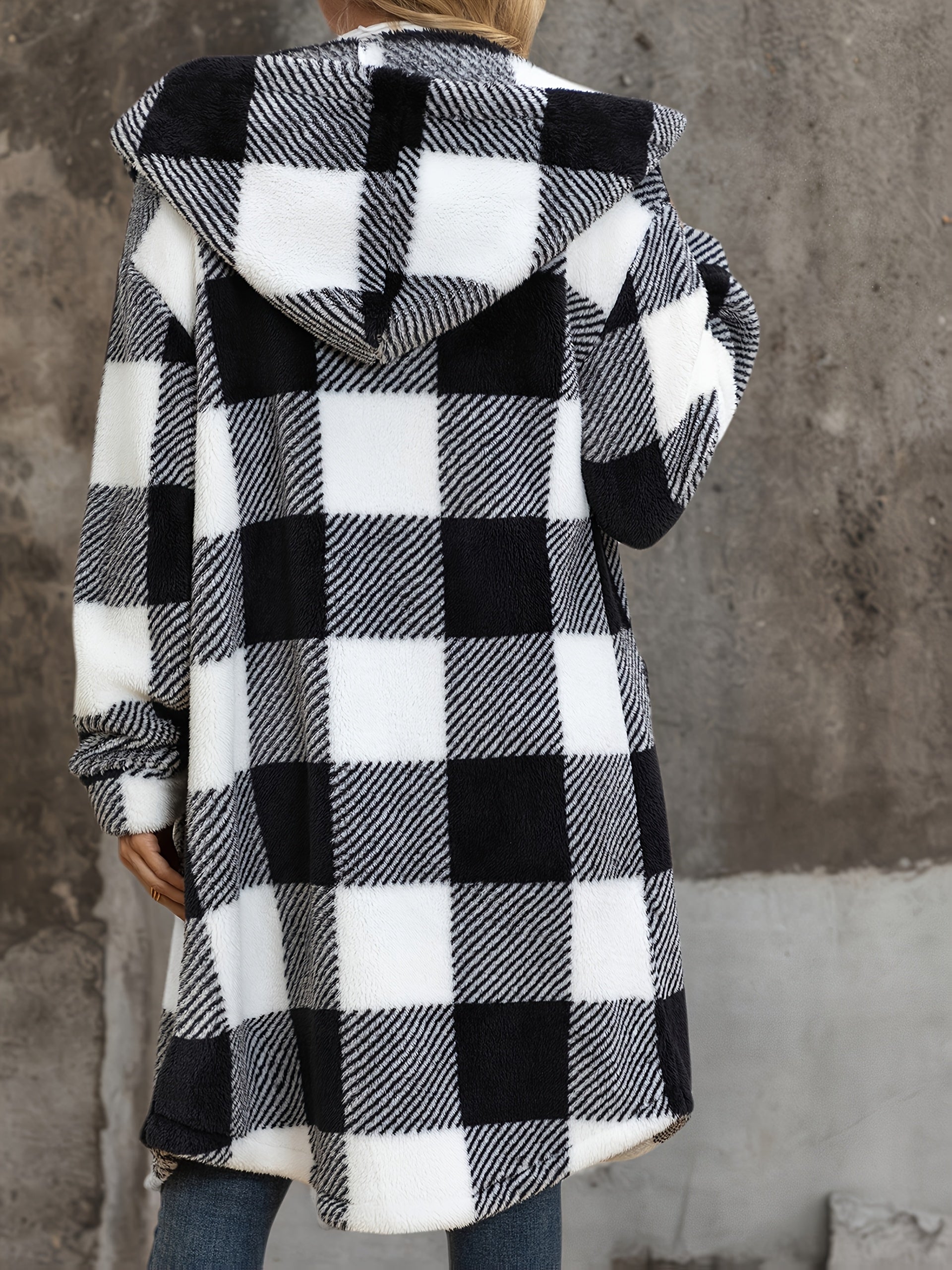 Popular European and American Women's Fashion: New Autumn/Winter Black and White Checkered Double-Sided Plush Hooded Pocket Mid-Length Casual Coat