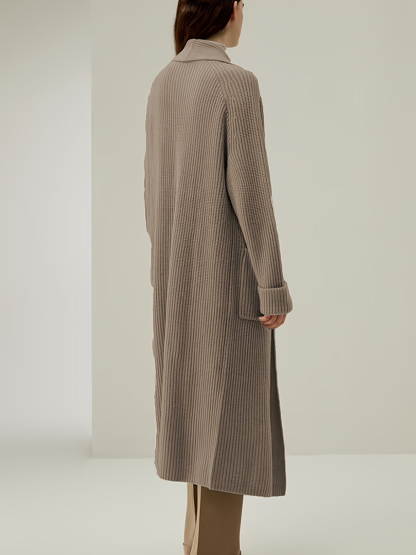 Khaki Long Cardigan for Women, Lazy Style Soft Ribbed Sweater Coat, Autumn Winter High-End Loose Outerwear