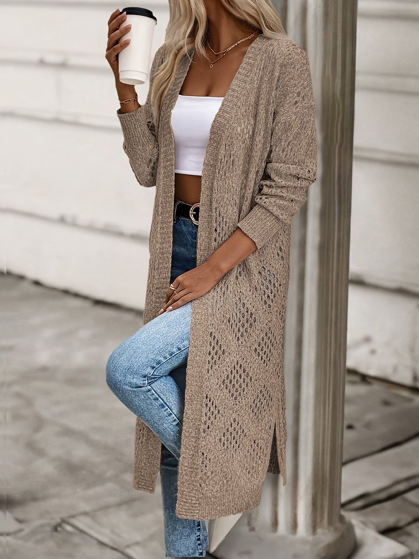 Women's Crochet Lace Off-Shoulder Long Kimono Cardigan for Spring/Summer Beachwear (Bikini Not Included)