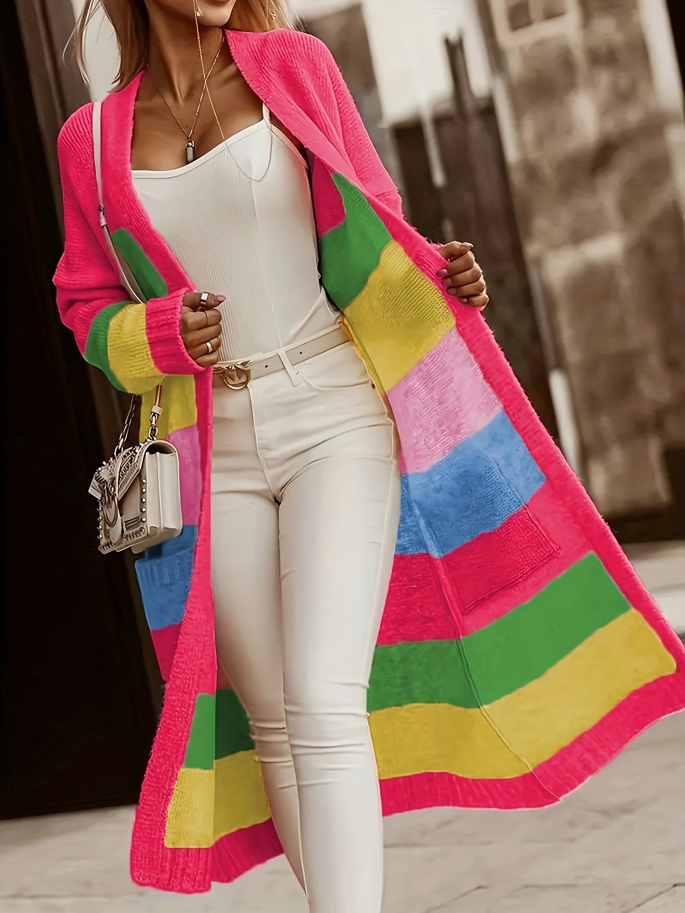 Women'S Color Block V-Neck Long Sleeve Cardigan - Casual Open Front Sweater with Pockets, Lightweight Spring/Fall Layering Piece for Casual Attire, Sweater Cardigan