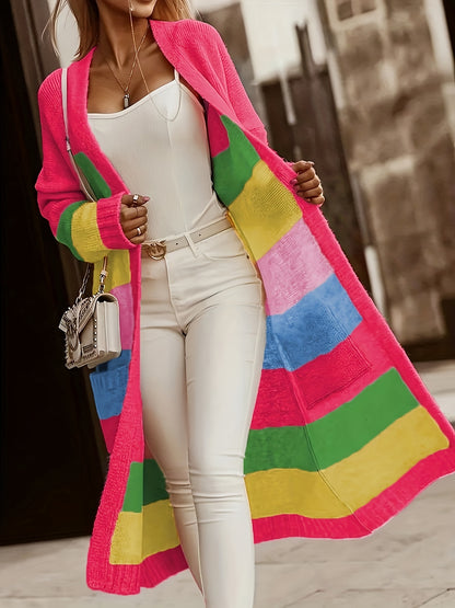 Women'S Color Block V-Neck Long Sleeve Cardigan - Casual Open Front Sweater with Pockets, Lightweight Spring/Fall Layering Piece for Casual Attire, Sweater Cardigan