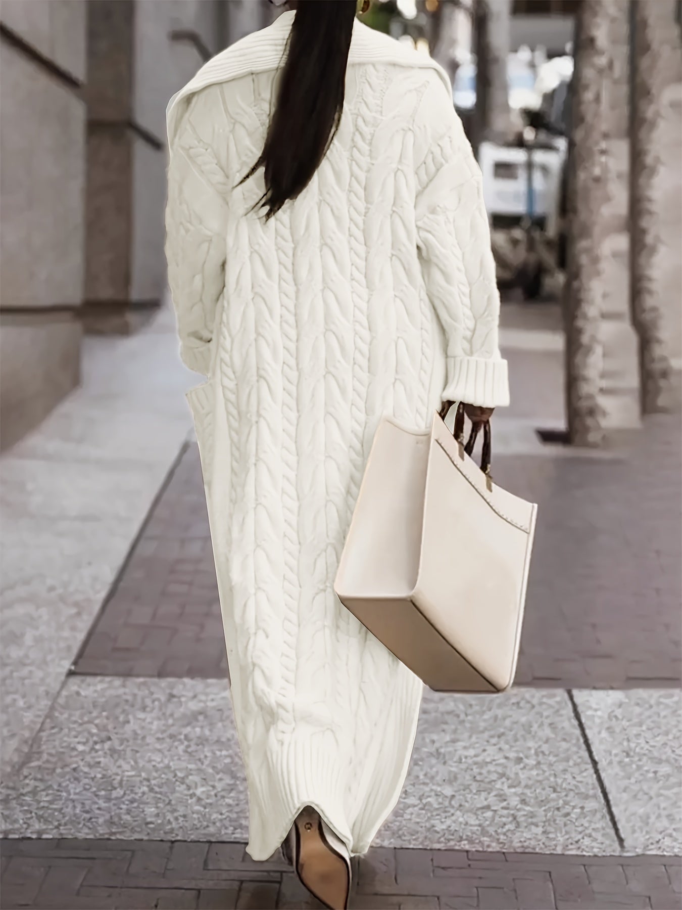 Directional Development of a Long Cardigan Sweater with a Large Collar And Chunky Cable for Spring, Autumn, And Winter.