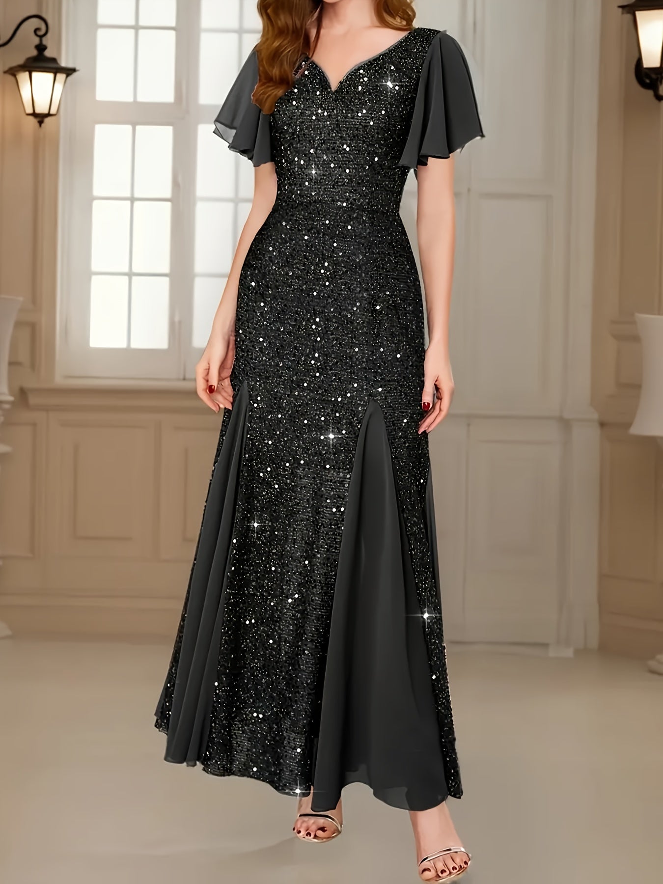 Elegant Mermaid Evening Gown - V-Neck A-Line -Length Wedding Dress with Sequin Sleeve & Hem, Sparkling Prom Dress for Bridesmaids, Prom, Galas - Hand Washable Formal Party Dress (No Parts)