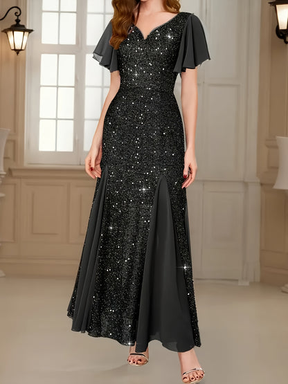 Elegant Mermaid Evening Gown - V-Neck A-Line -Length Wedding Dress with Sequin Sleeve & Hem, Sparkling Prom Dress for Bridesmaids, Prom, Galas - Hand Washable Formal Party Dress (No Parts)