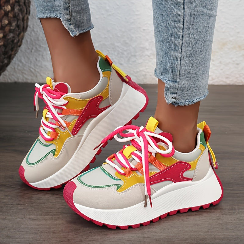 LYKU Women's 2024 Red Chunky Platform Lace-Up Dad Shoes - Low-Top  Sneakers with Thick PVC Sole, Breathable for height & Casual, Autumn Walking Shoes