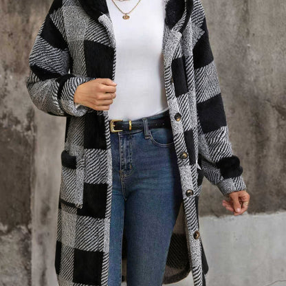 Chic Checkered Plush Hooded Coat - Elegant & Cozy