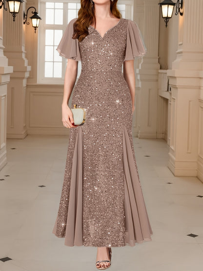 Women'S Elegant Sequin Lace Sweetheart Neckline Maxi Dress with Ruffle Sleeves - Floor-Length Formal Party Wedding Guest Dress, Sparkling Sequin Embellished Evening Gown