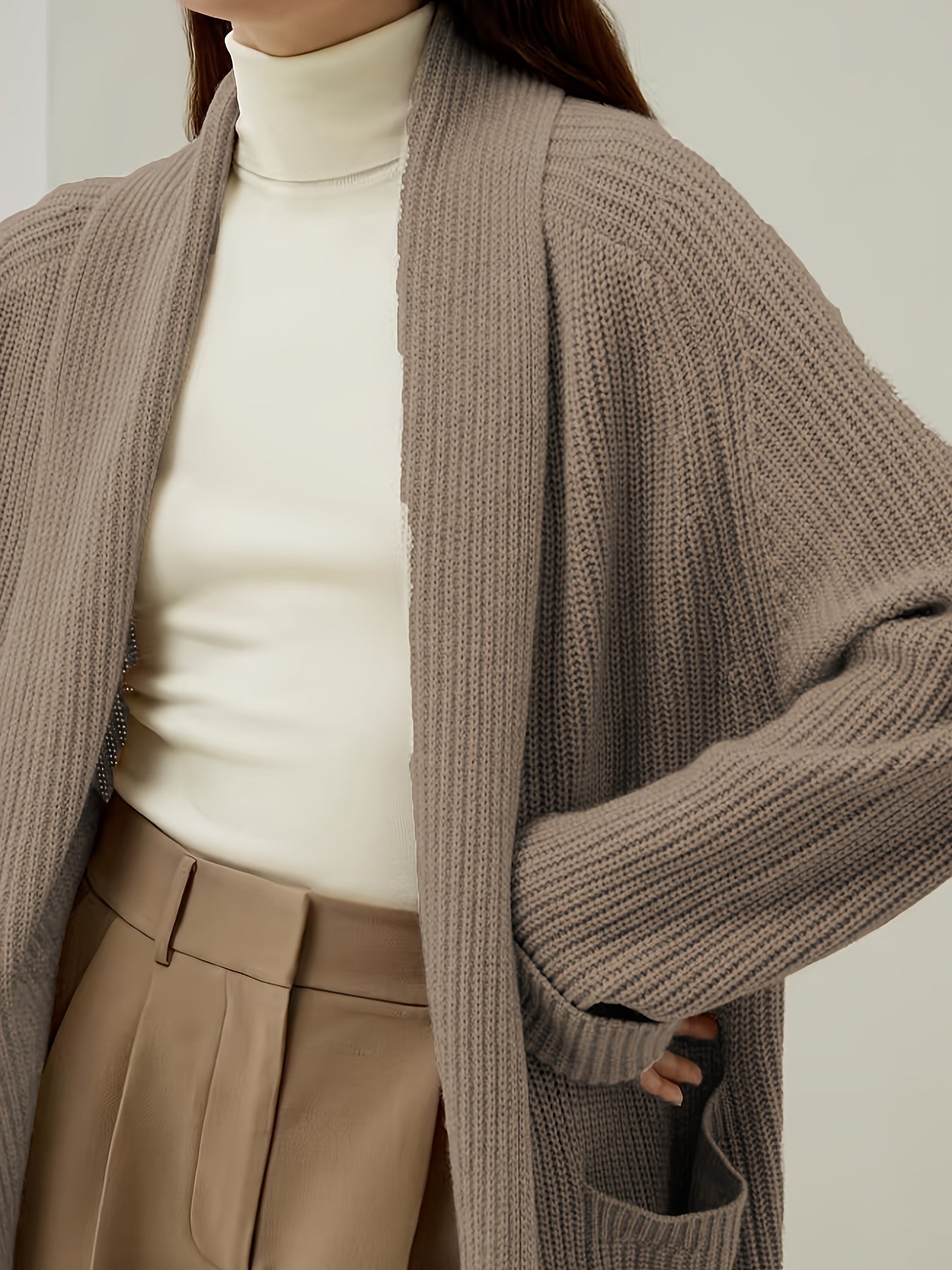 Khaki Long Cardigan for Women, Lazy Style Soft Ribbed Sweater Coat, Autumn Winter High-End Loose Outerwear