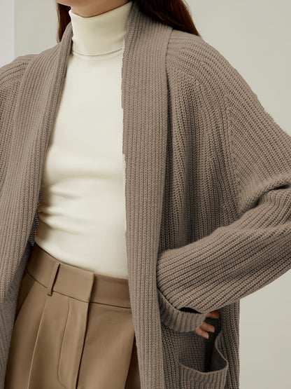 Khaki Long Cardigan for Women, Lazy Style Soft Ribbed Sweater Coat, Autumn Winter High-End Loose Outerwear