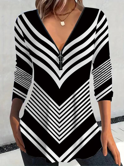 3/4 Sleeve Knit Polyester Blend Women's Elegant V-Neck T-Shirt - Striped Zip-Front, Regular Fit, Fall Collection