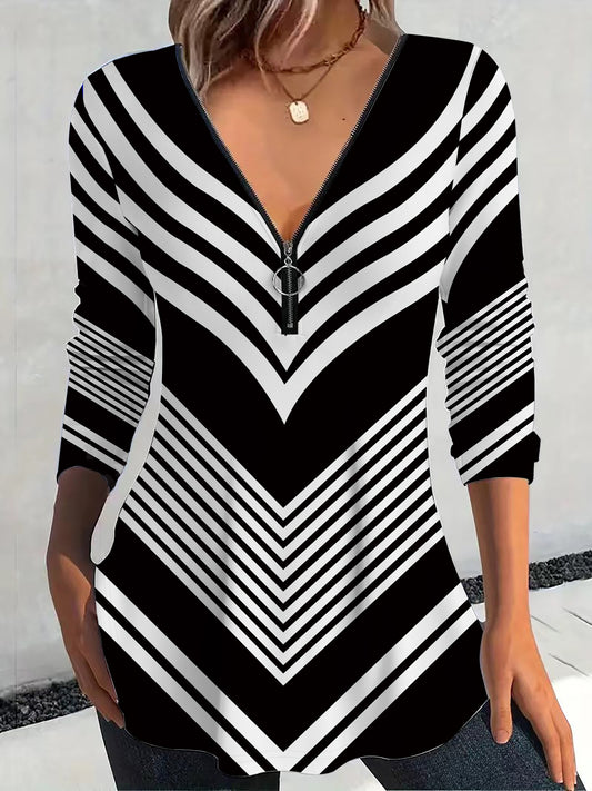 3/4 Sleeve Knit Polyester Blend Women's Elegant V-Neck T-Shirt - Striped Zip-Front, Regular Fit, Fall Collection