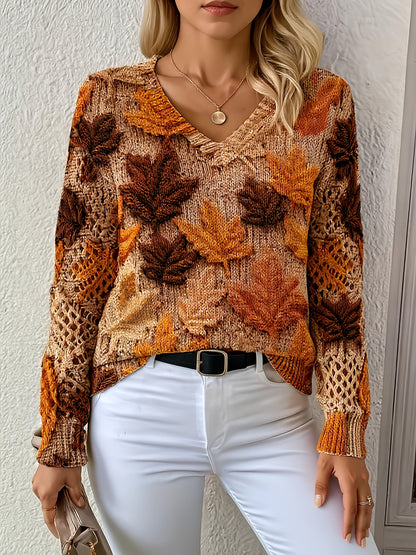Women'S Elegant Bohemian Sweater - Long Sleeve V-Neck Pullover with Maple Leaf Print in Brown/Orange/Red/Black/Beige/, All-Season Chic Sweater for Office, Casual, Home - Machine Washable Women'S Sweater, Versatile Top, Stylish Knitwear, Comfortable Material, Printed Top, Fashion Lovers, Blouse For Women, Sweater For Women Plu Size/, Plu Size Too, Plu Size Women Winter Top, Nice Sweater For Women, Fall Clothe For Women, Cardigan For Women, Fall Sweater Women