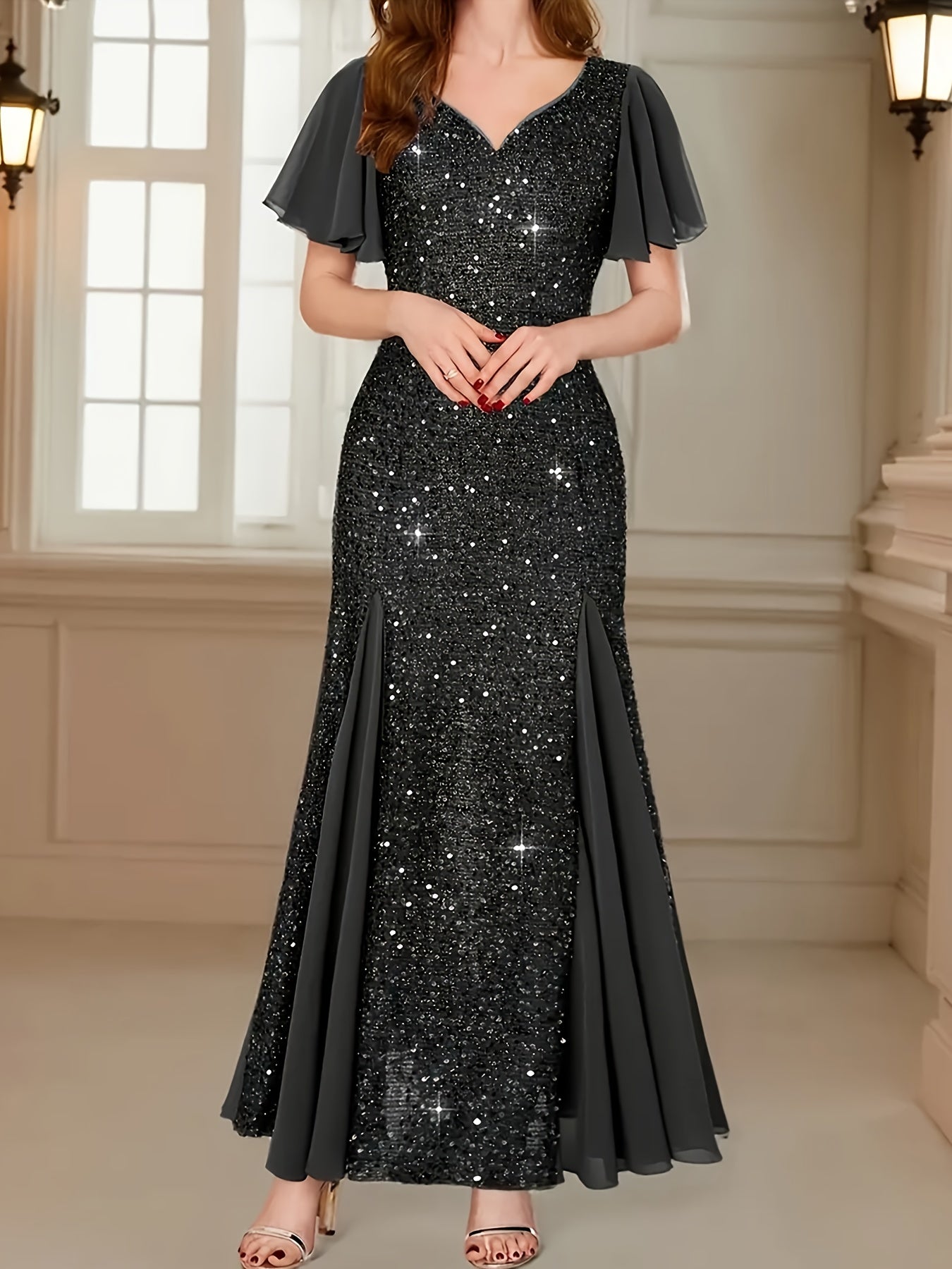 Elegant Mermaid Evening Gown - V-Neck A-Line -Length Wedding Dress with Sequin Sleeve & Hem, Sparkling Prom Dress for Bridesmaids, Prom, Galas - Hand Washable Formal Party Dress (No Parts)