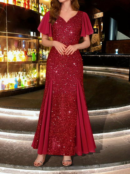 Women's Sparkling Sequin Mermaid/Bodycon Short Sleeve Evening Gown - Burgundy (Red) Sequin Dress with Low Neck & Short Sleeves, Fitted Long Wedding Guest Dress for Prom, Galas, Parties, Hand Washable Elegant Formal Attirechristmas women cloth&gift