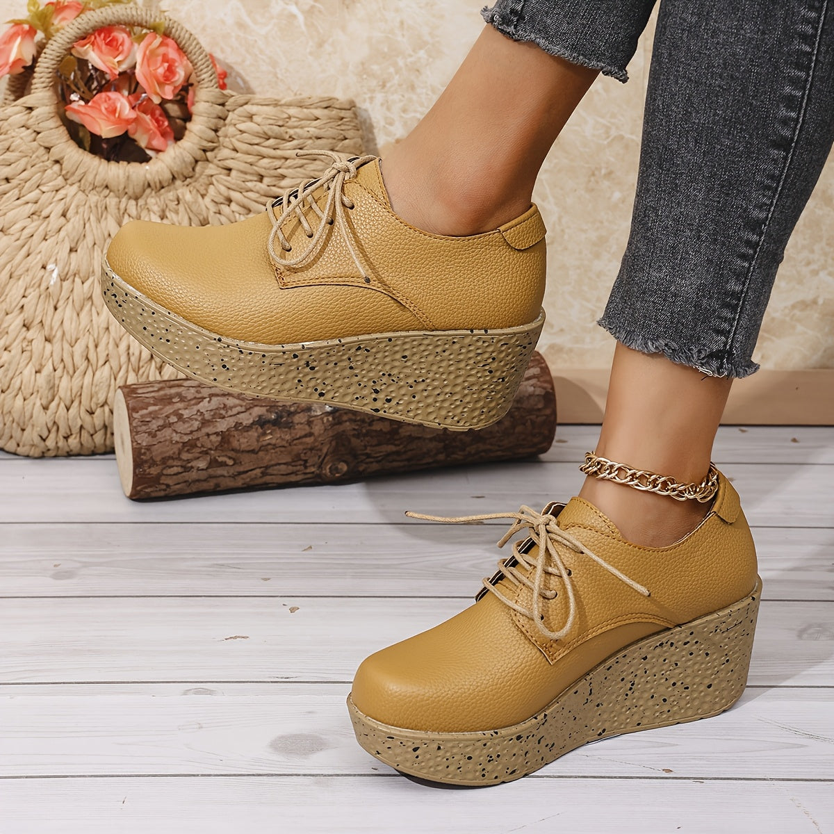 Spring And Autumn Stylish Casual Wedge Shoes with Comfortable Platform, Thick-Soled Lace-Up Sneakers for All Seasons.