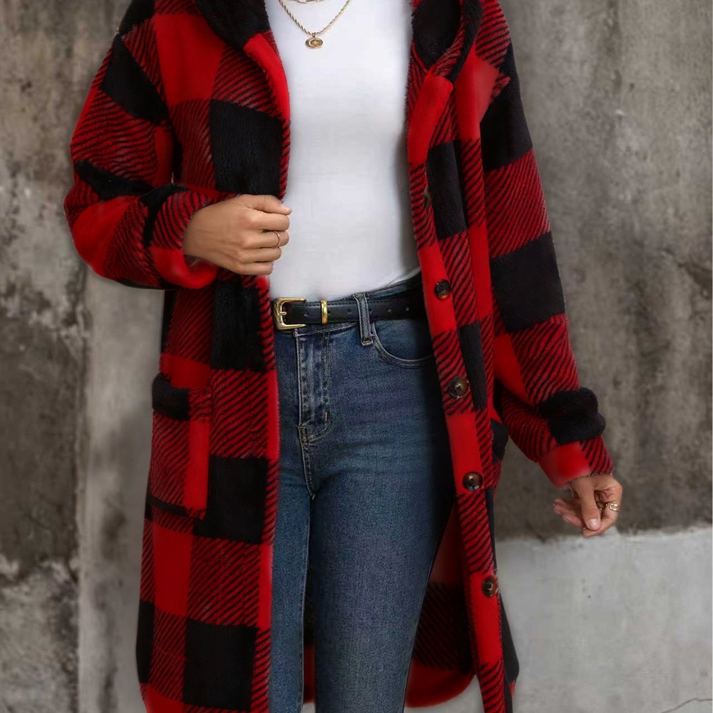 Chic Checkered Plush Hooded Coat - Elegant & Cozy