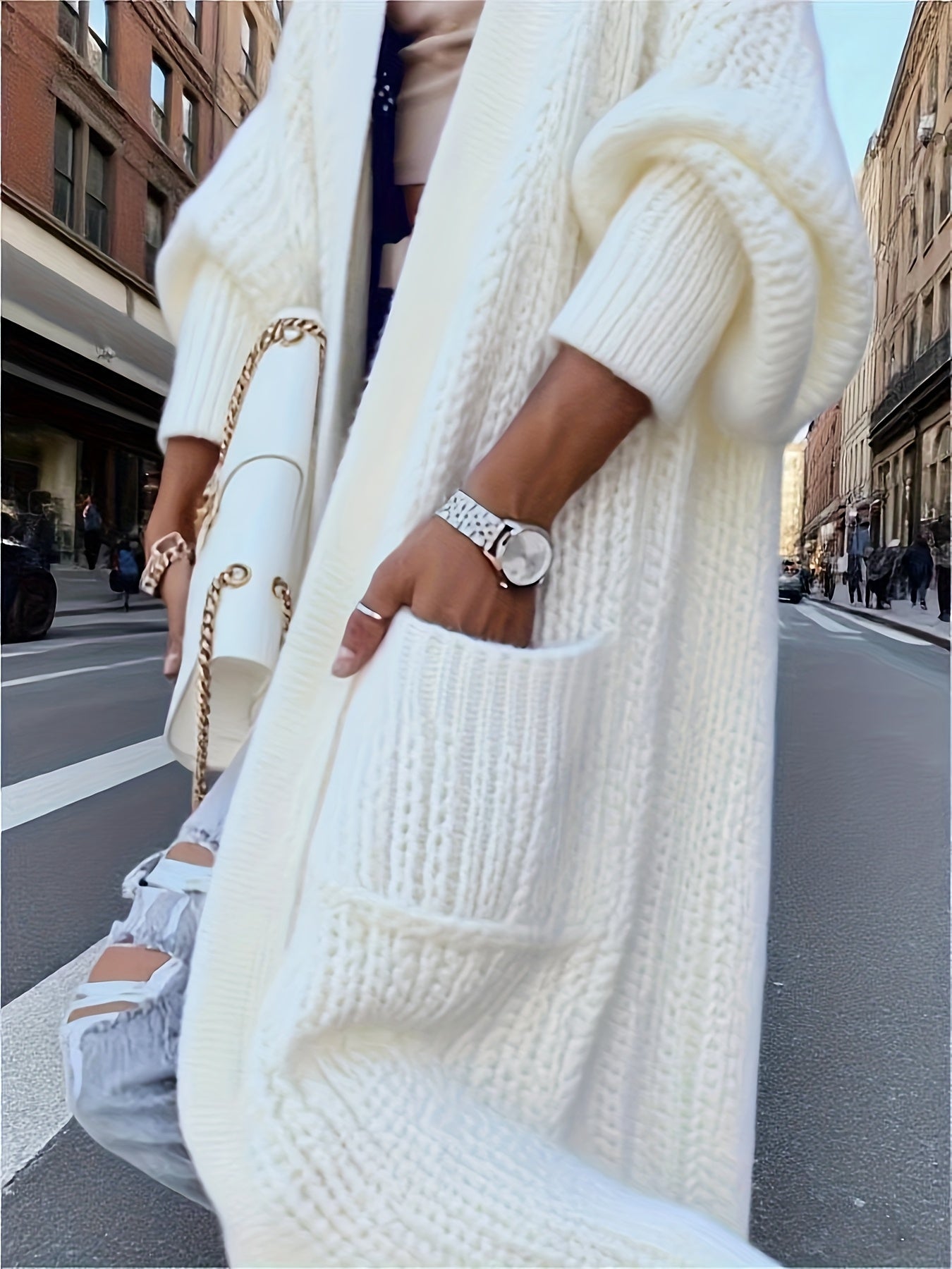 Women's Autumn-Winter Elegant Mid-Length Knee-Length Loose Fit Pocket Sweater Cardigan with Long Sleeves