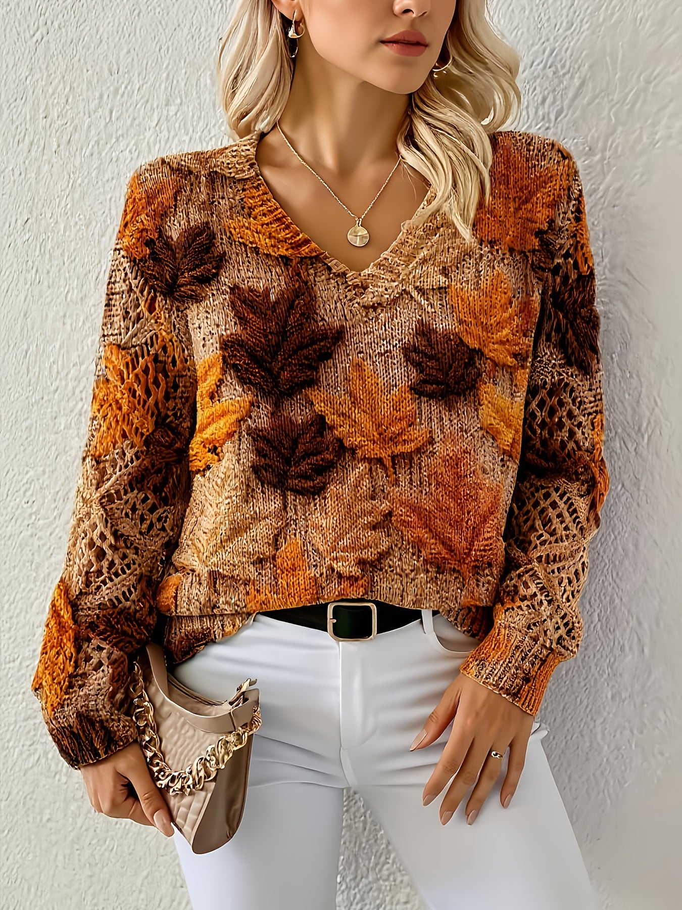 Women'S Elegant Bohemian Sweater - Long Sleeve V-Neck Pullover with Maple Leaf Print in Brown/Orange/Red/Black/Beige/, All-Season Chic Sweater for Office, Casual, Home - Machine Washable Women'S Sweater, Versatile Top, Stylish Knitwear, Comfortable Material, Printed Top, Fashion Lovers, Blouse For Women, Sweater For Women Plu Size/, Plu Size Too, Plu Size Women Winter Top, Nice Sweater For Women, Fall Clothe For Women, Cardigan For Women, Fall Sweater Women