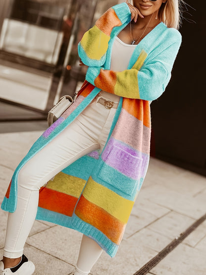 Women'S Color Block V-Neck Long Sleeve Cardigan - Casual Open Front Sweater with Pockets, Lightweight Spring/Fall Layering Piece for Casual Attire, Sweater Cardigan