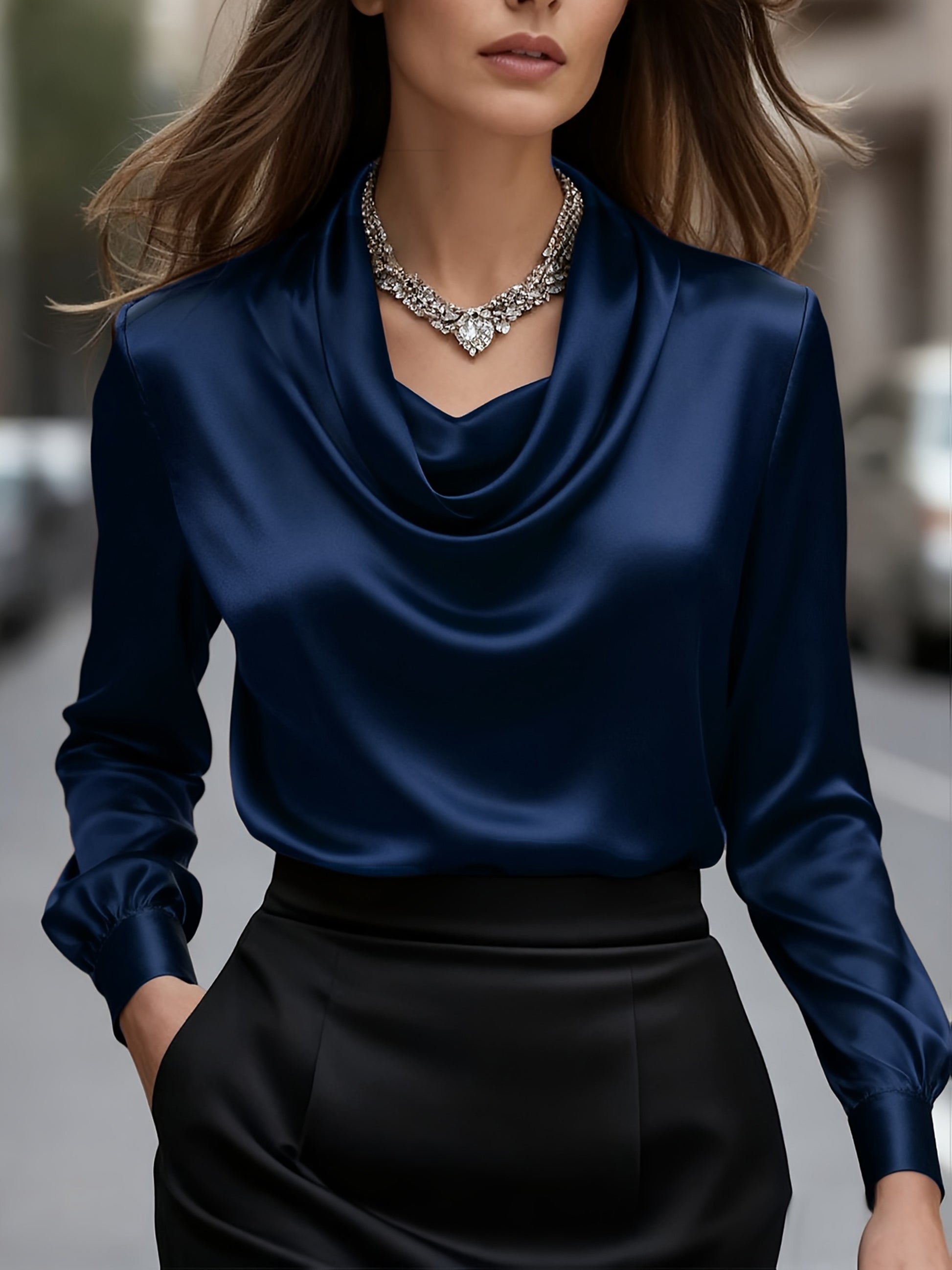 Women'S Elegant Solid Color Long Sleeve Blouse - Soft Wrinkle-Resistant Fabric, Button-Front Closure, Round Neck & Collar, All-Season Versatile Shirt for Office