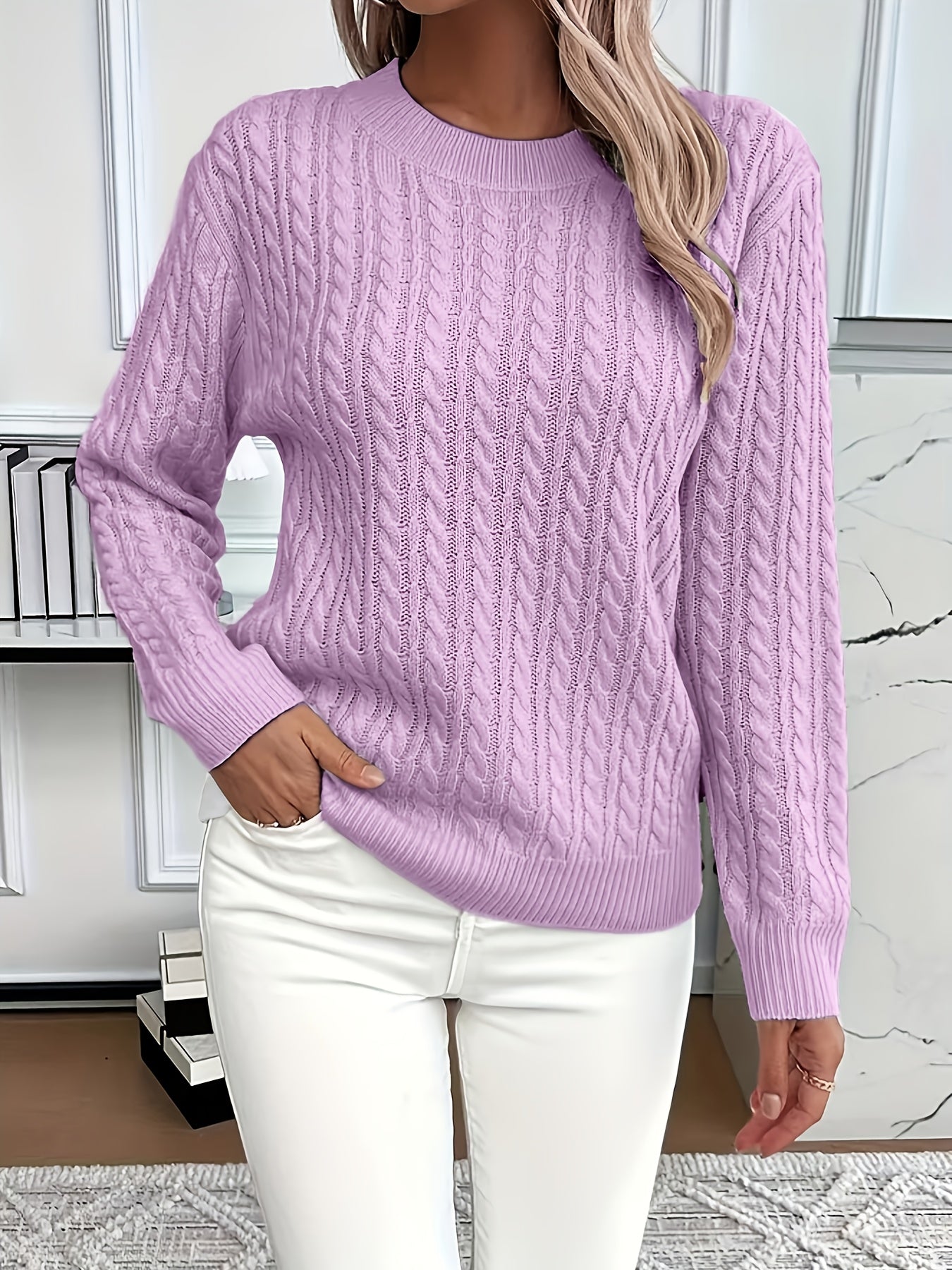 Women's Casual Loose-Fit Round Neck Long Sleeve Sweater - Medium Stretch Solid Color with Ribbed Detailing, H-Line Silhouette for Spring/Autumn Layering, Elegant Collection, Cute Sweater, Casual Attire, Comfortable Fit, Pullover Top, Stylish Women