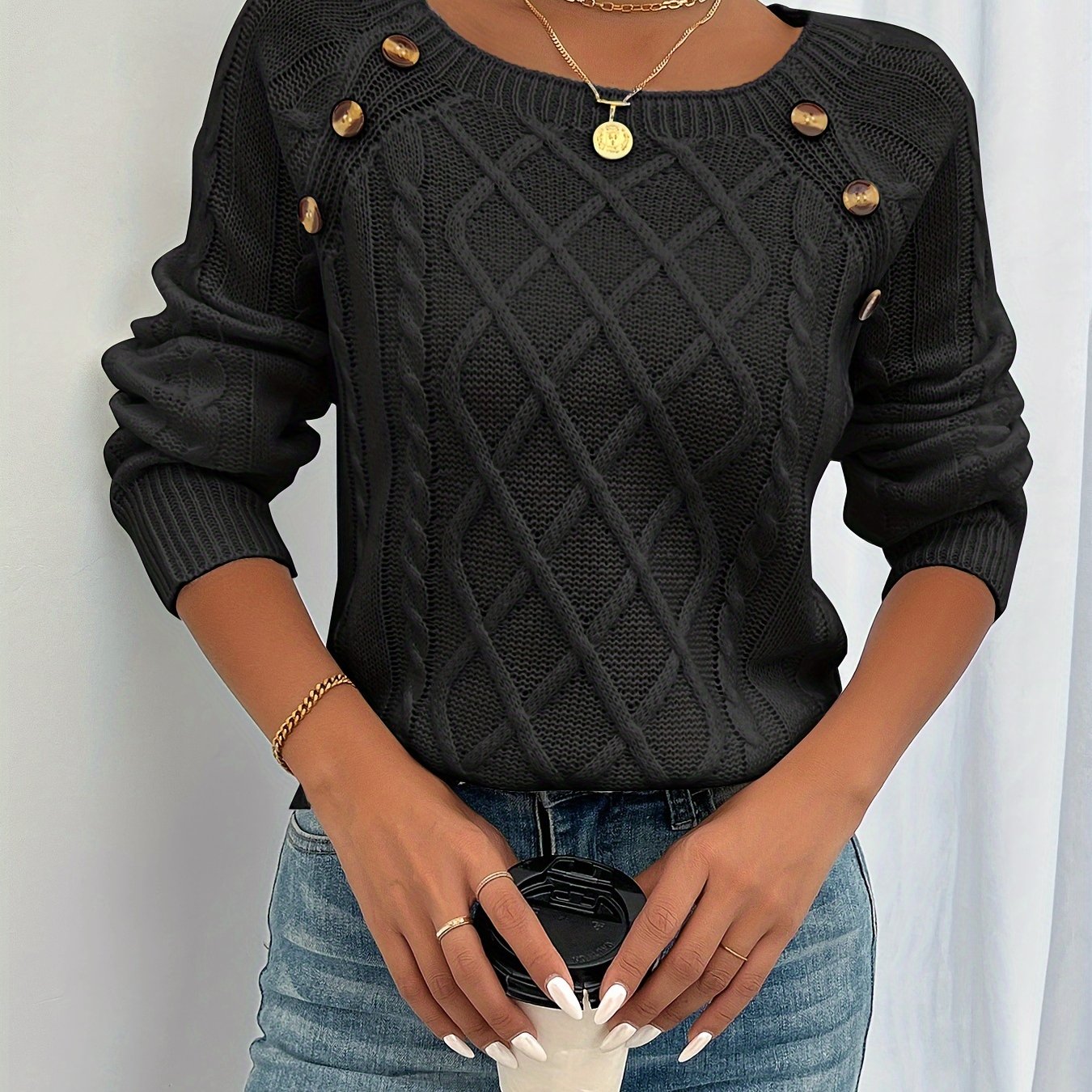 Elegant Square Neck Cable Knit Sweater with Lantern Sleeves