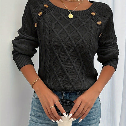 Elegant Square Neck Cable Knit Sweater with Lantern Sleeves