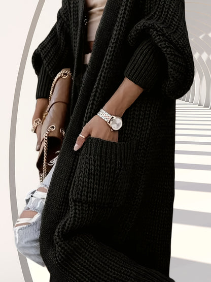Women's Autumn-Winter Elegant Mid-Length Knee-Length Loose Fit Pocket Sweater Cardigan with Long Sleeves