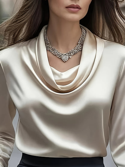 Women'S Elegant Solid Color Long Sleeve Blouse - Soft Wrinkle-Resistant Fabric, Button-Front Closure, Round Neck & Collar, All-Season Versatile Shirt for Office