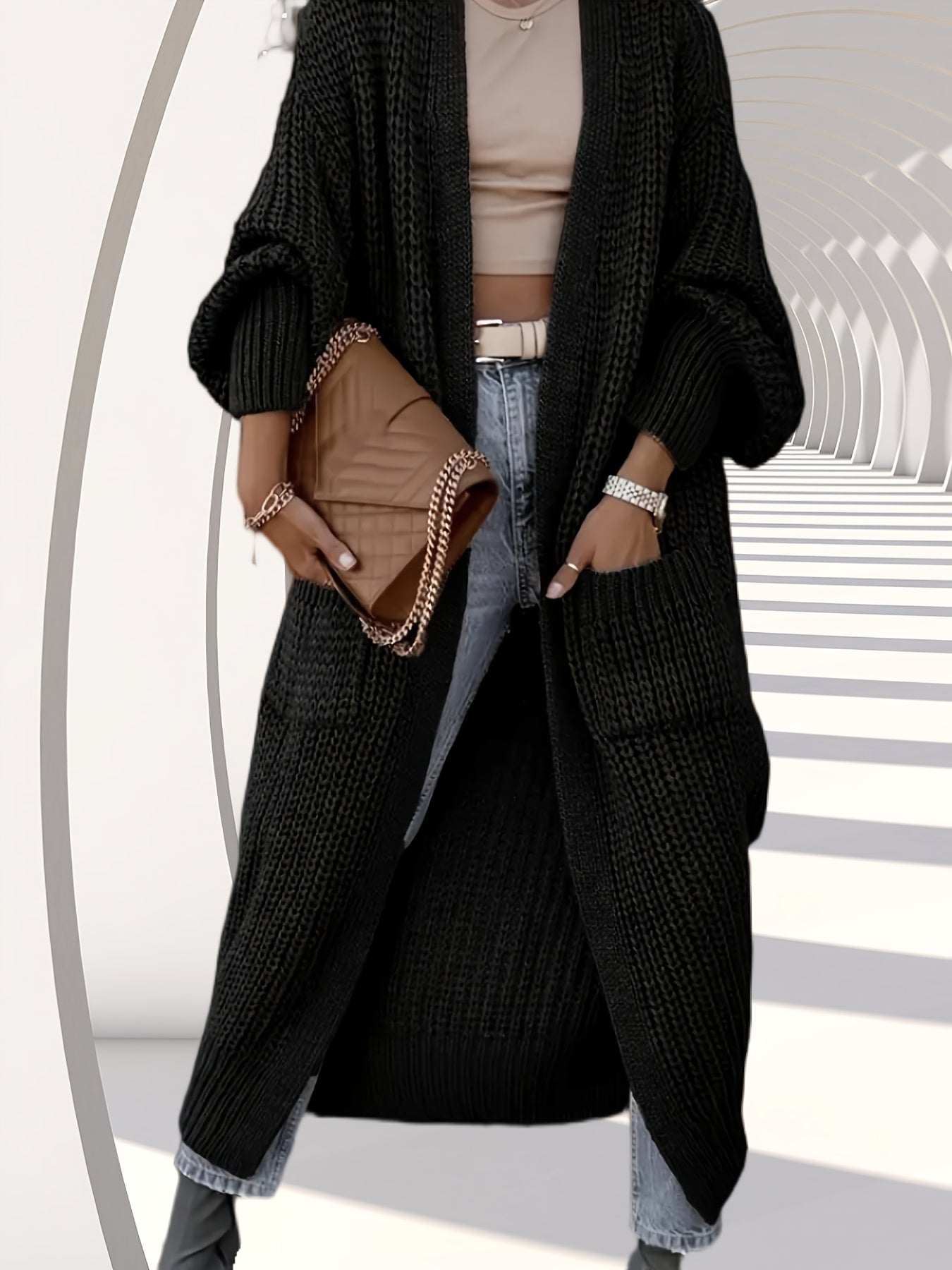 Women's Autumn-Winter Elegant Mid-Length Knee-Length Loose Fit Pocket Sweater Cardigan with Long Sleeves