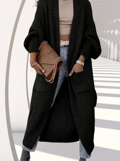 Women's Autumn-Winter Elegant Mid-Length Knee-Length Loose Fit Pocket Sweater Cardigan with Long Sleeves