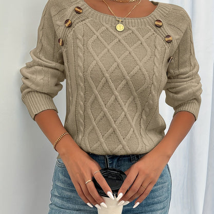 Elegant Square Neck Cable Knit Sweater with Lantern Sleeves