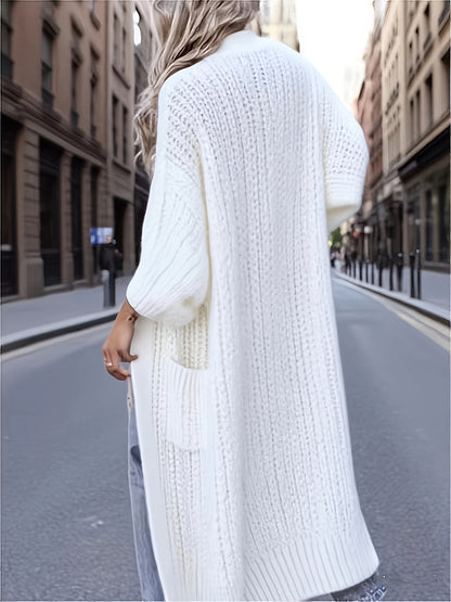 Women's Autumn-Winter Elegant Mid-Length Knee-Length Loose Fit Pocket Sweater Cardigan with Long Sleeves