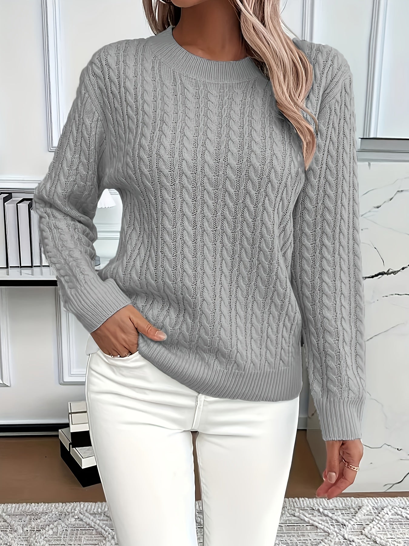 Women's Casual Loose-Fit Round Neck Long Sleeve Sweater - Medium Stretch Solid Color with Ribbed Detailing, H-Line Silhouette for Spring/Autumn Layering, Elegant Collection, Cute Sweater, Casual Attire, Comfortable Fit, Pullover Top, Stylish Women