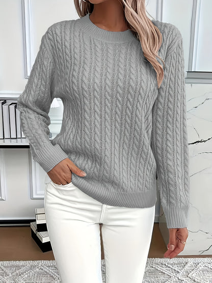 Women's Casual Loose-Fit Round Neck Long Sleeve Sweater - Medium Stretch Solid Color with Ribbed Detailing, H-Line Silhouette for Spring/Autumn Layering, Elegant Collection, Cute Sweater, Casual Attire, Comfortable Fit, Pullover Top, Stylish Women
